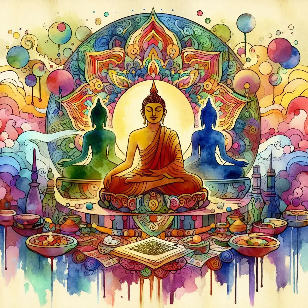 A visual metaphor for TripJourneyTravel’s mission, featuring elements of Buddhism, mindfulness, and psychedelics.