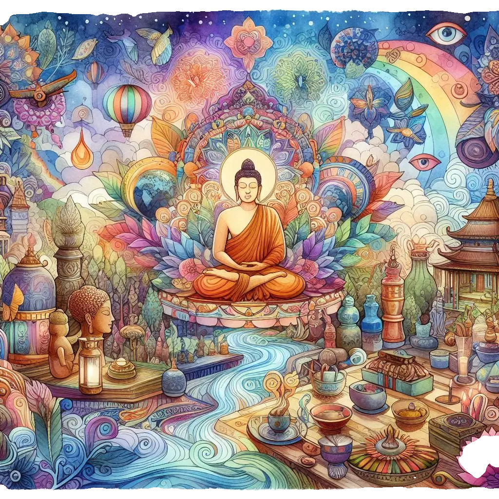 Inspirational image reflecting the core themes of TripJourneyTravel: Buddhism, mindfulness, and psychedelic exploration.